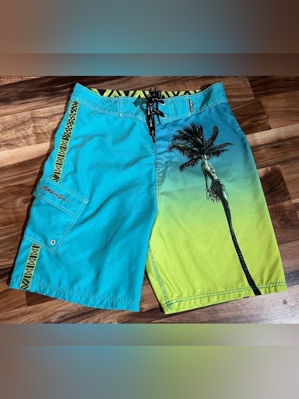 HULA GIRL Maui & Sons Palm Tree Blue Board Shorts - Limited Edition - RARE!